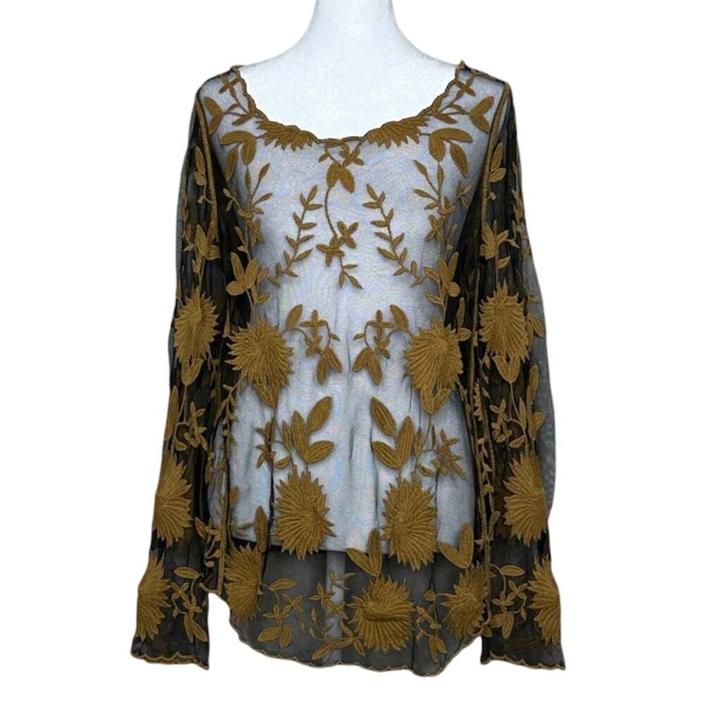 Sundance Embroidered Sheer Mesh Top S Black Gold Boho Fairycore Scalloped Blouse